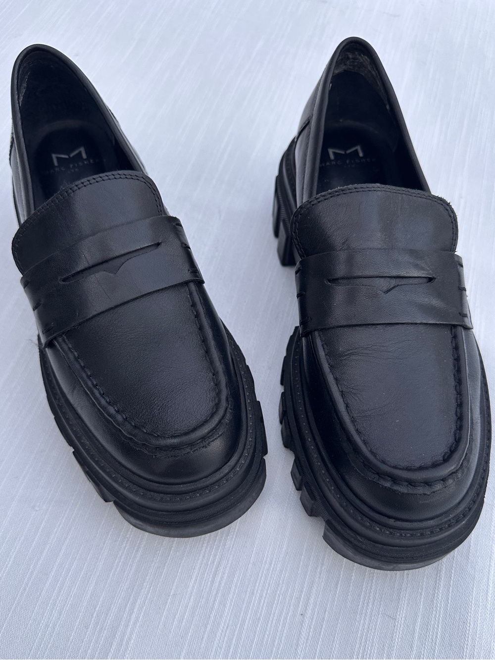 Marc Fisher LTD Black Leather Chunky Platform Lug Sole Penny Loafers | 7